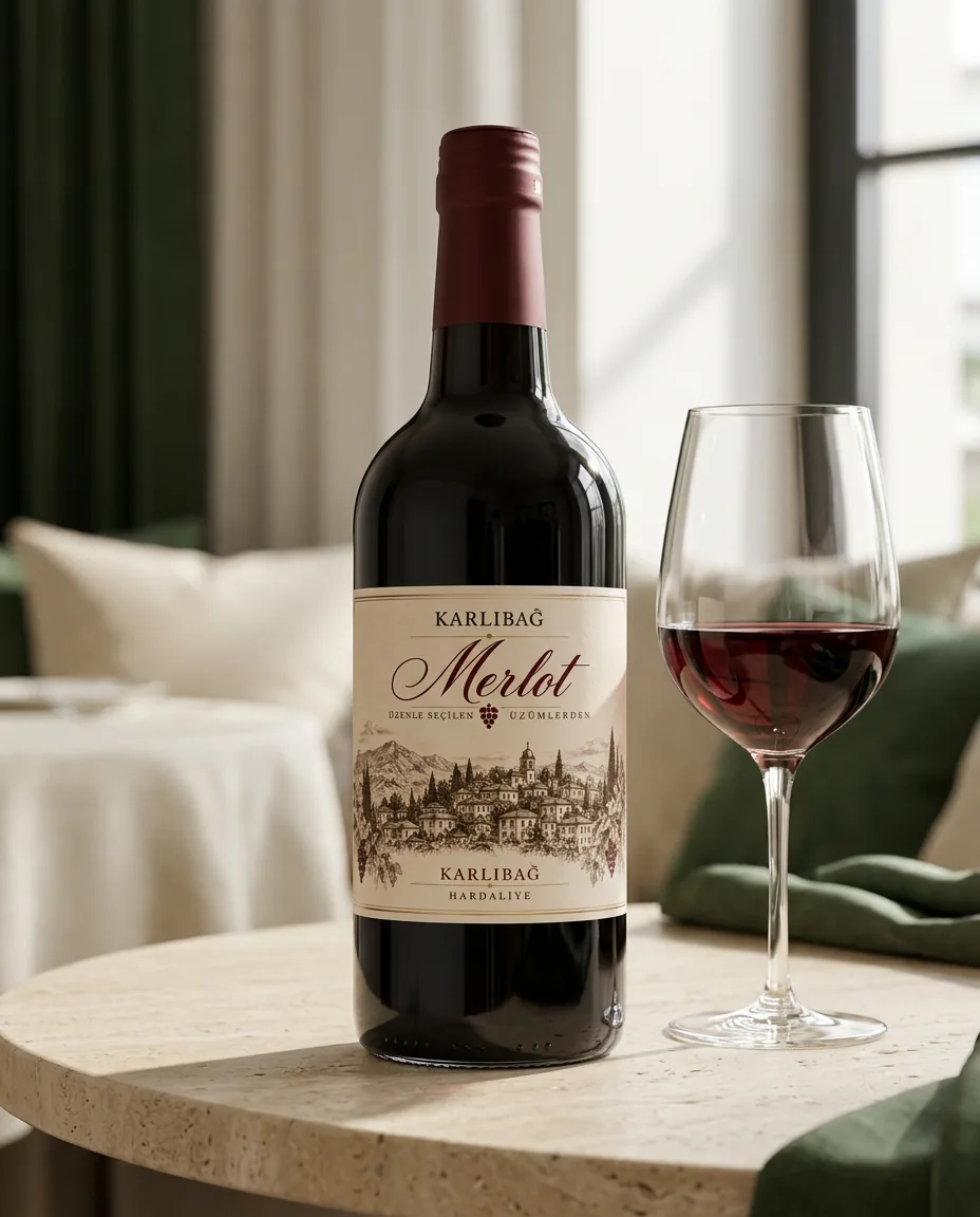 Karlıbağ Merlot şişesi yanında kadehte alkolsüz içecek servisi