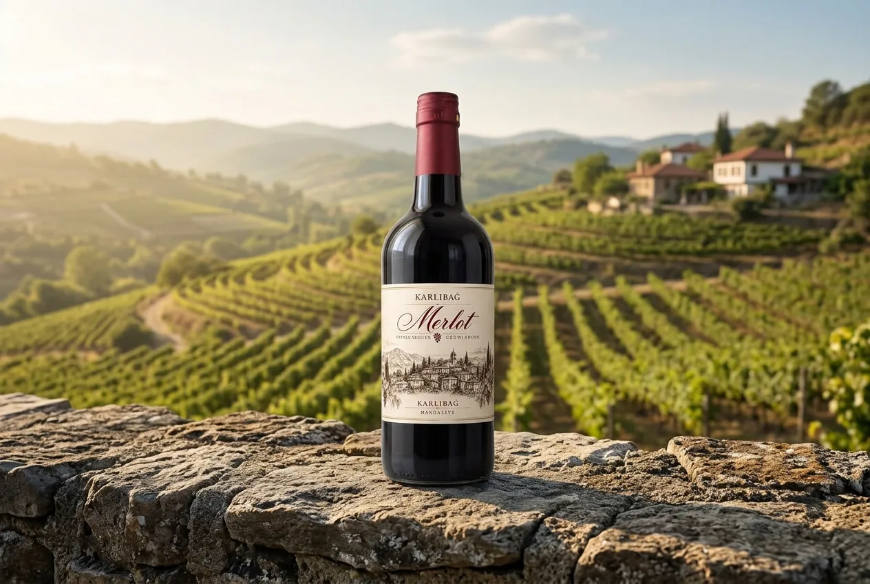 Şirince bağları önünde Karlıbağ Merlot şişesi